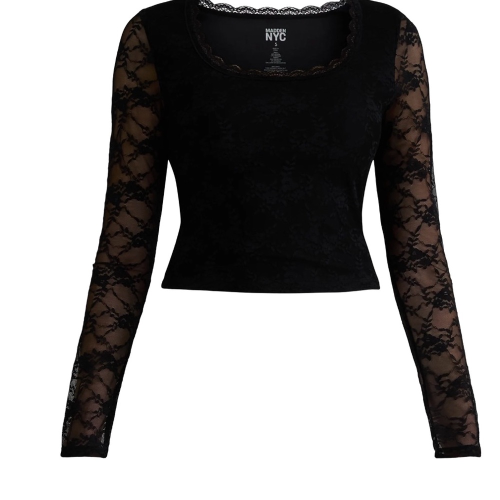 Black Fitted Crop Top with Lace Long Sleeves